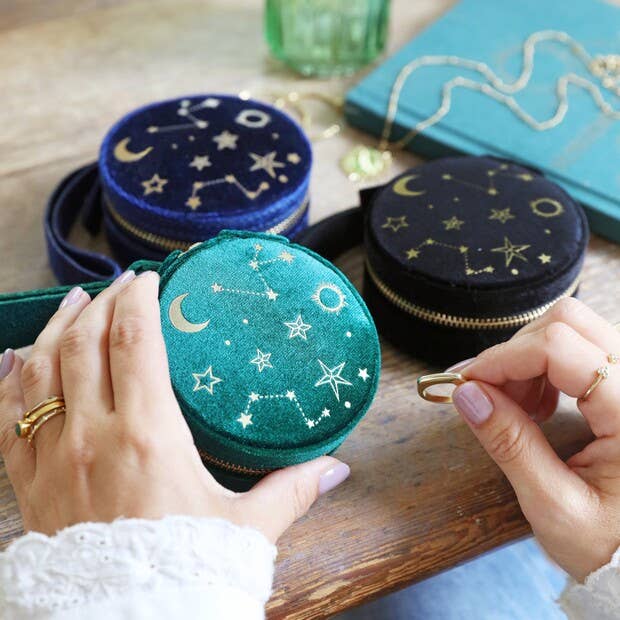 Starry Night Velvet Mini Round Jewellery Case in Black
