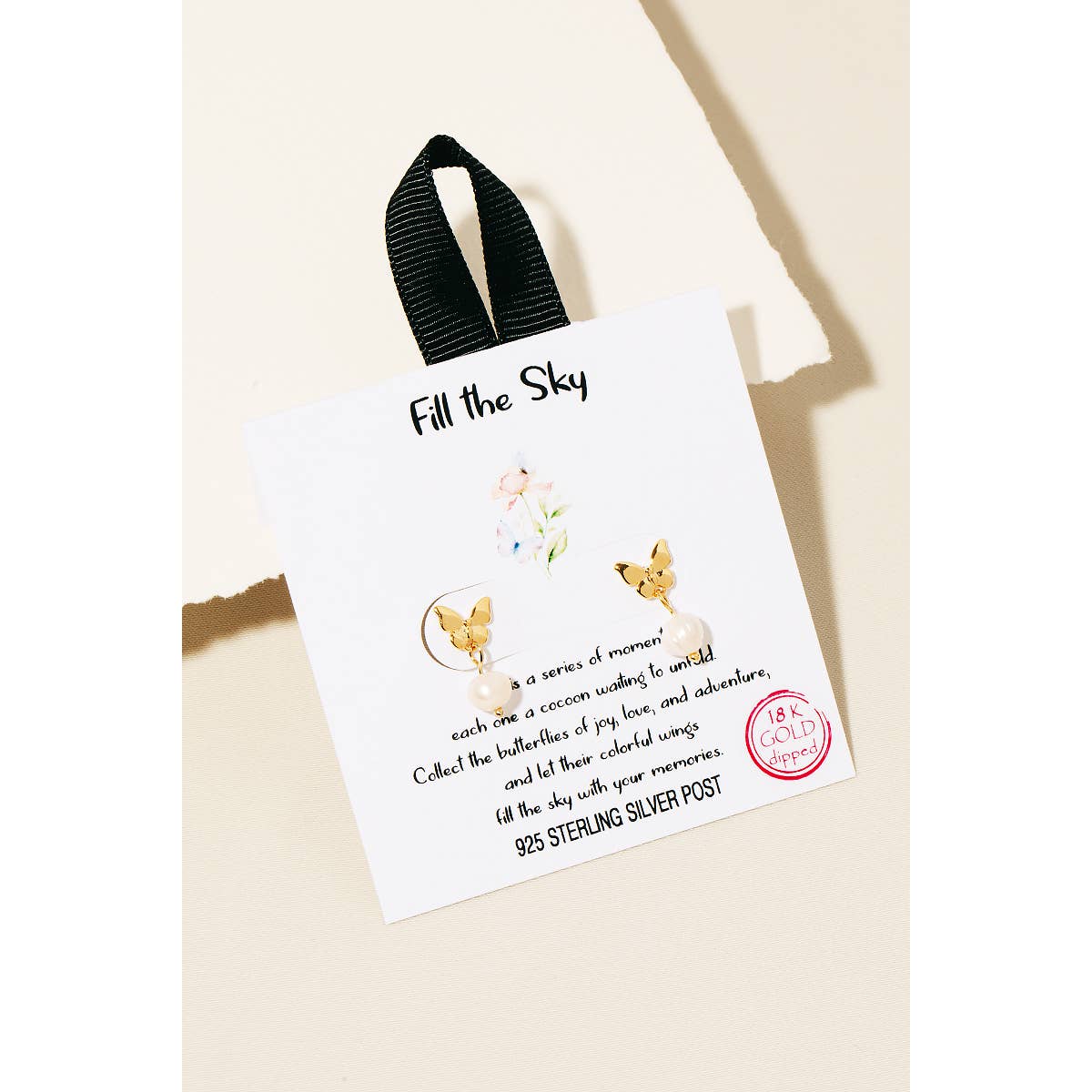 Gold Dipped Pearl Charm Butterfly Stud Earrings
