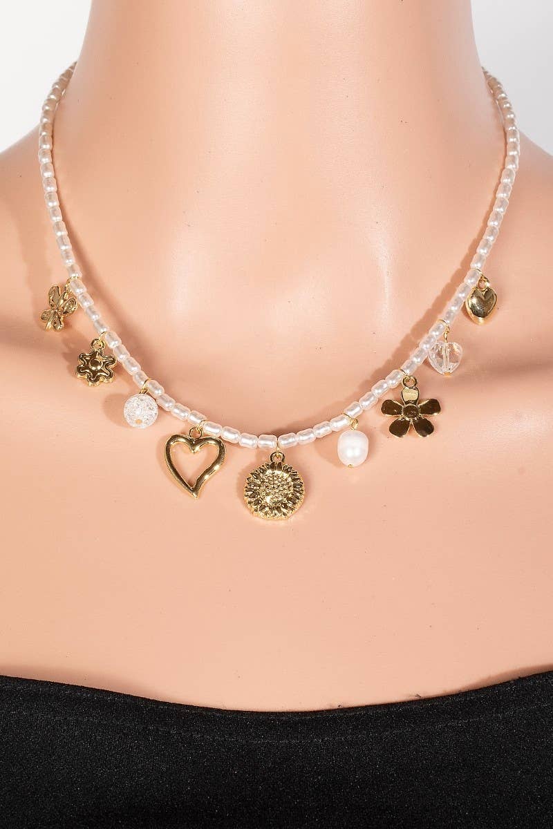 Heart Flower And Butterfly Charms Pearl Beaded Necklace