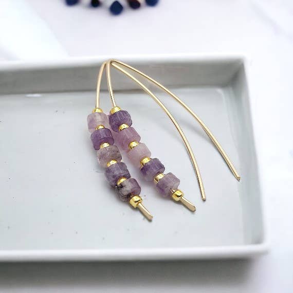 Gold Wishbone Threader Earrings with Amethyst