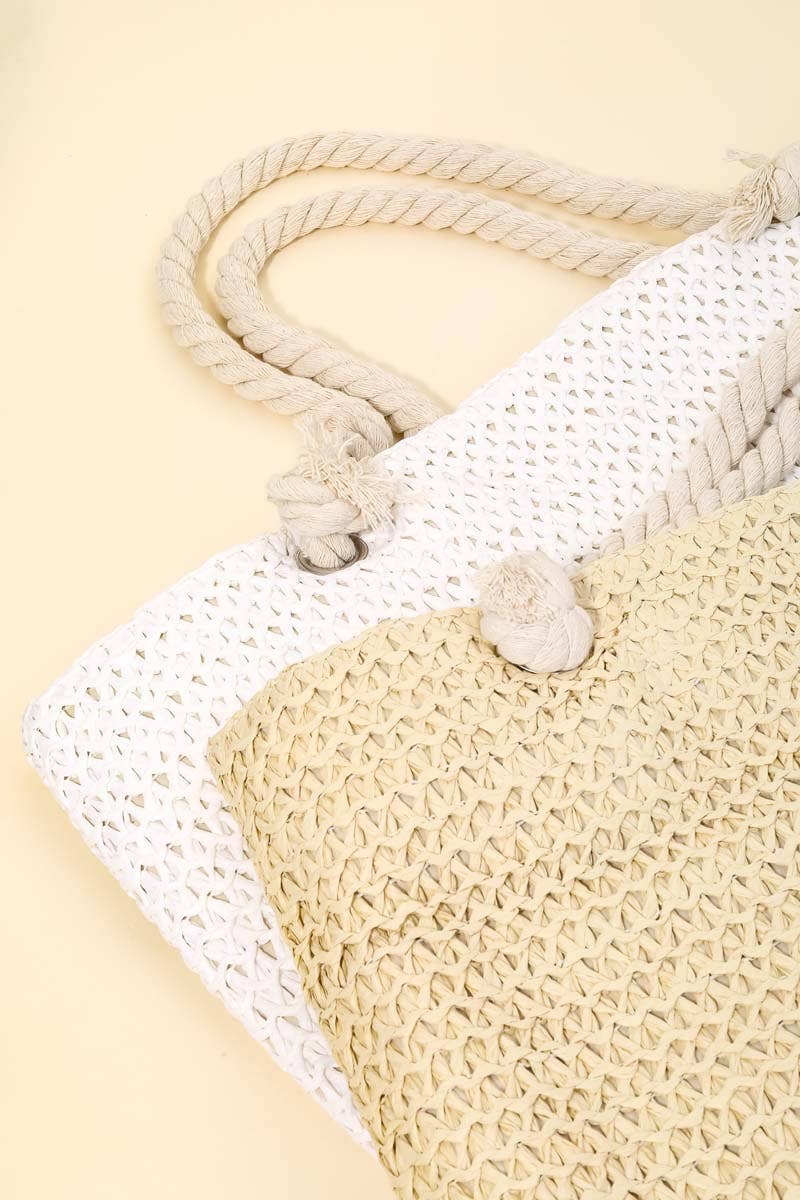 Two Tone Straw Braided Tote Bag