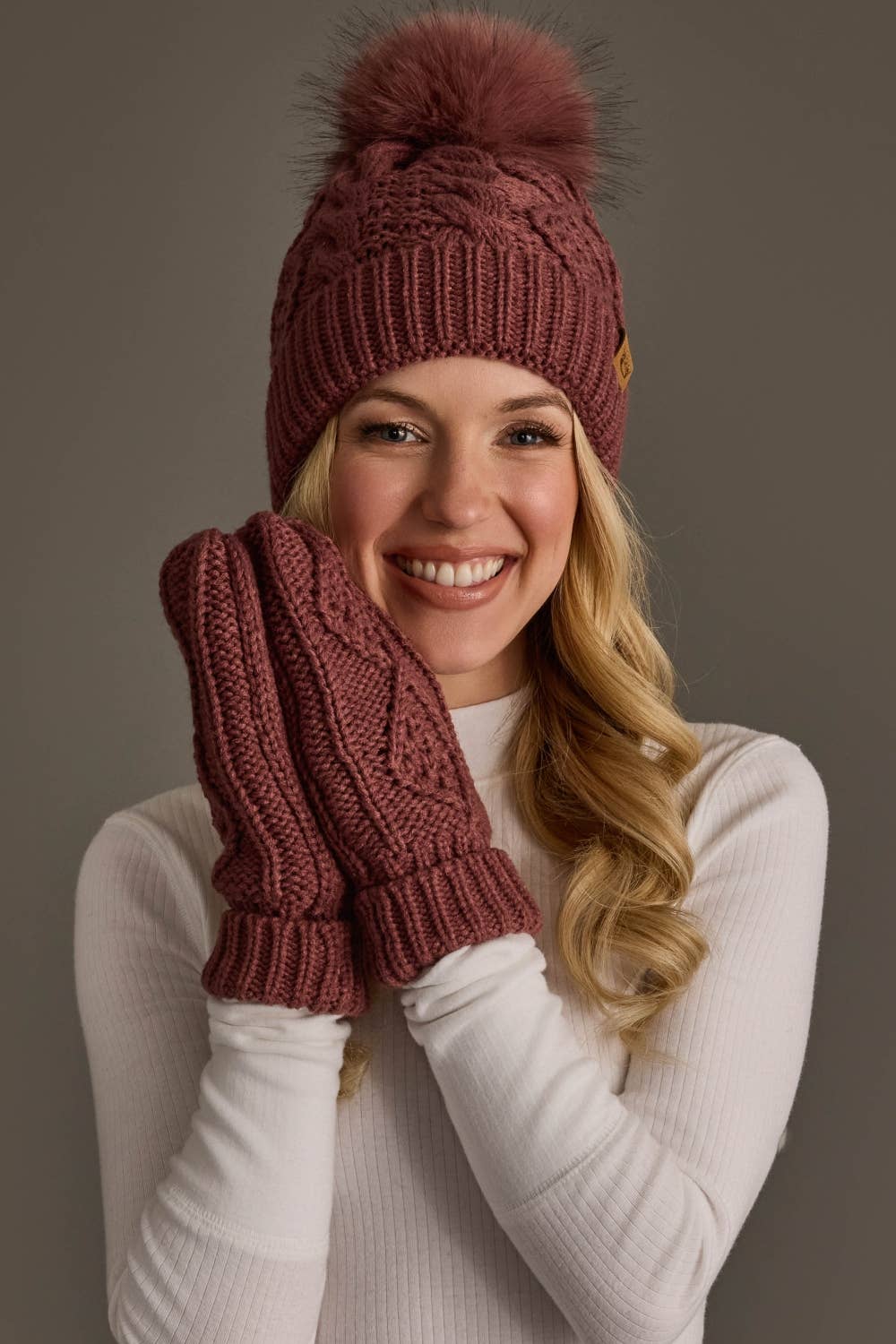 Dk. Pink Cable Knit Hat with Dk. Pink Pom