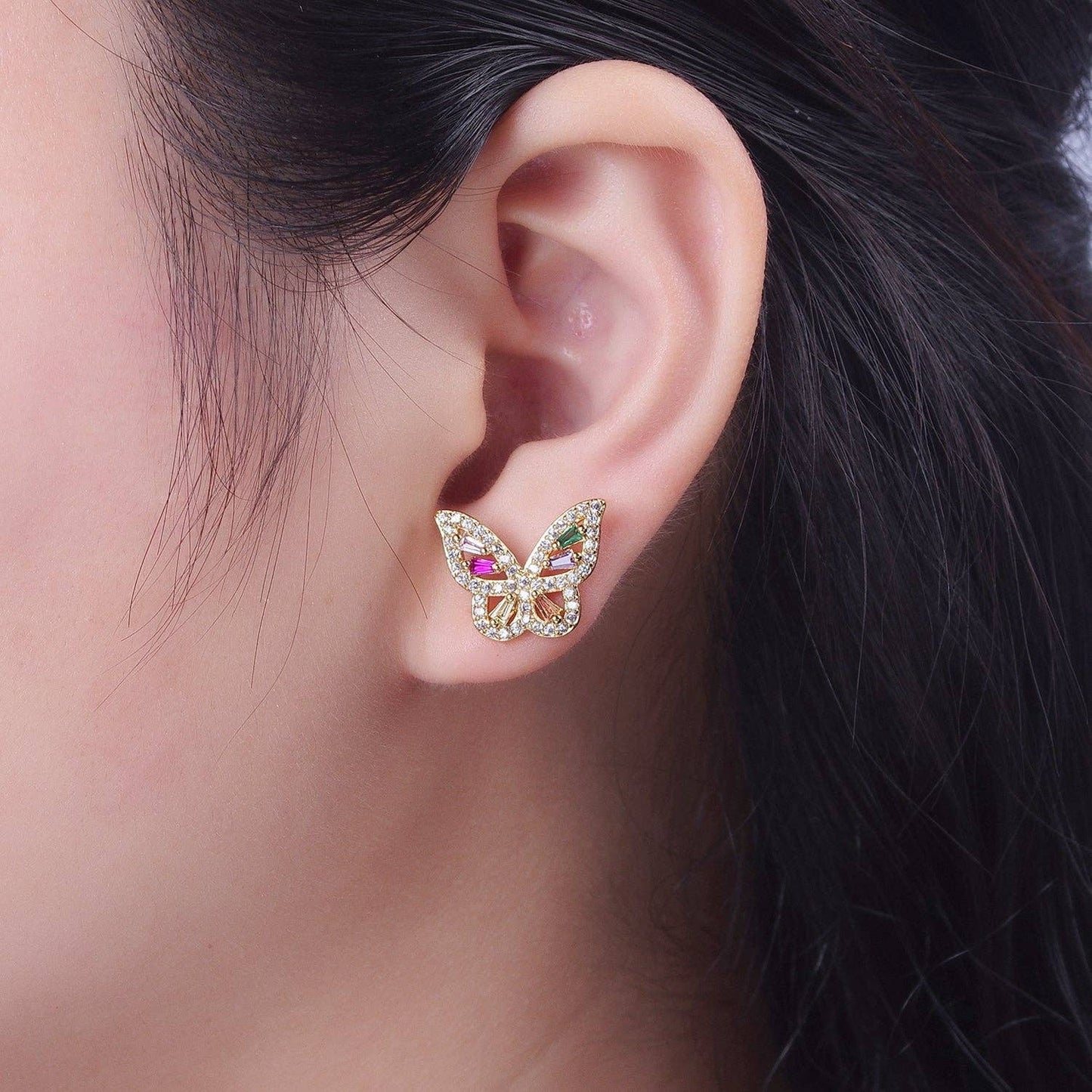 24K Gold Filled Micro Paved Clear Rainbow Butterfly Mariposa