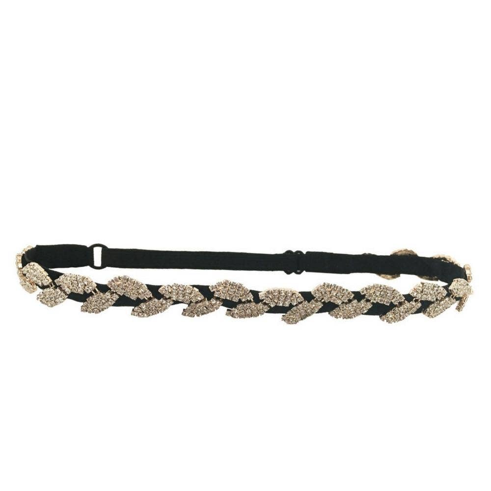 Adjustable Headband - Black Rhinestone Leaf