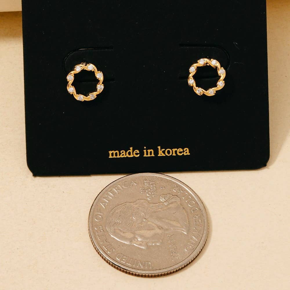 Cz Studded Mini Twisted Hoop Stud Earrings