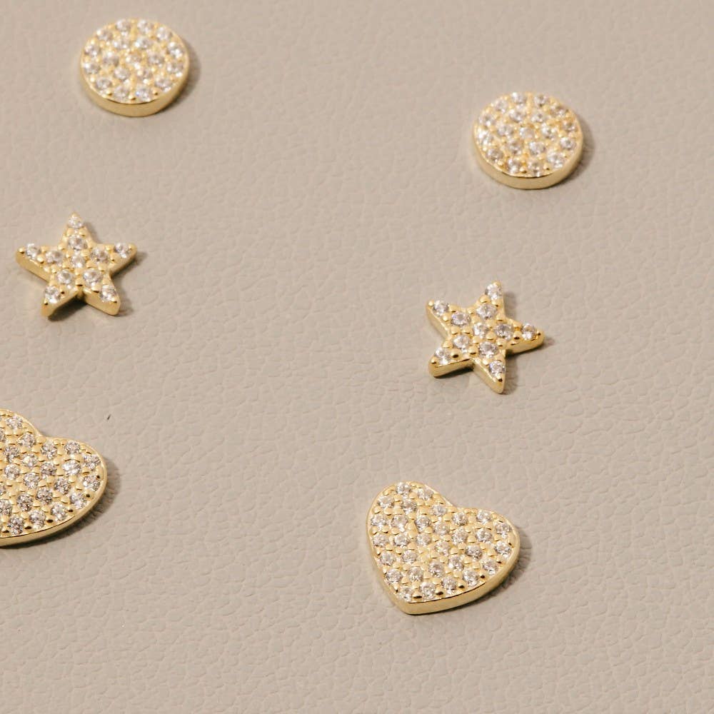 Sterling Silver Cz Pave Star Heart Disc Stud Earrings Set
