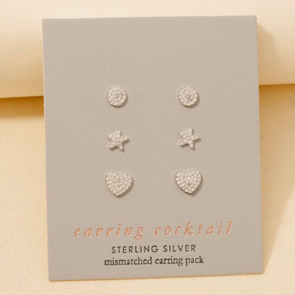 Sterling Silver Cz Pave Star Heart Disc Stud Earrings Set