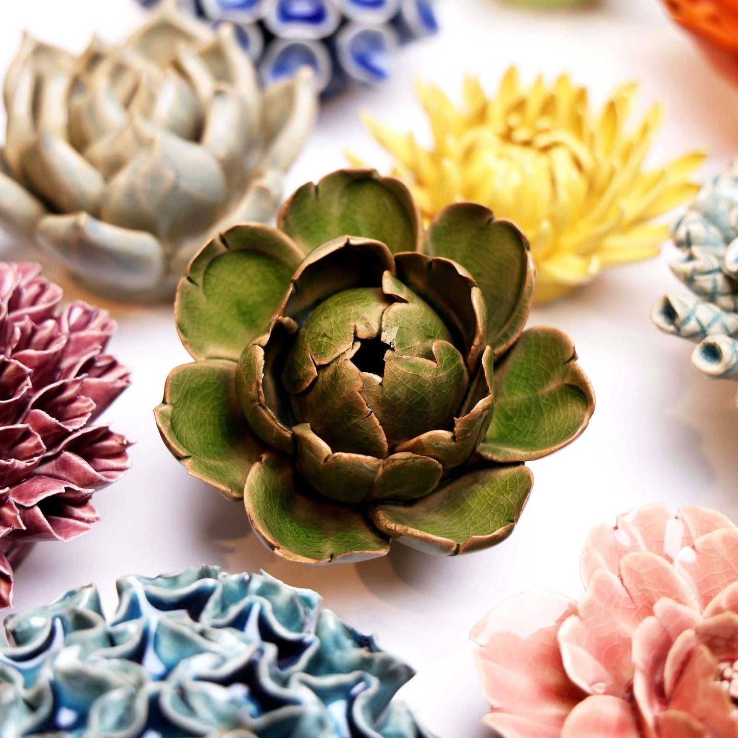 Ceramic Flower Wall Art Peony Green 12