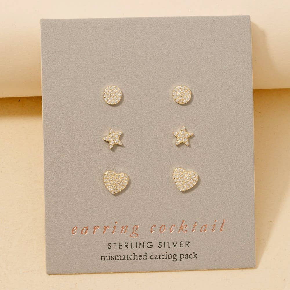 Sterling Silver Cz Pave Star Heart Disc Stud Earrings Set