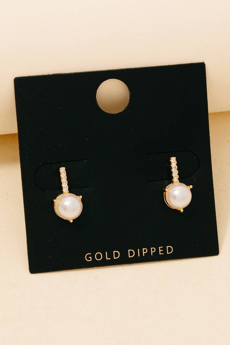 Gold Dipped Pearl And Cz Row Stud Earrings