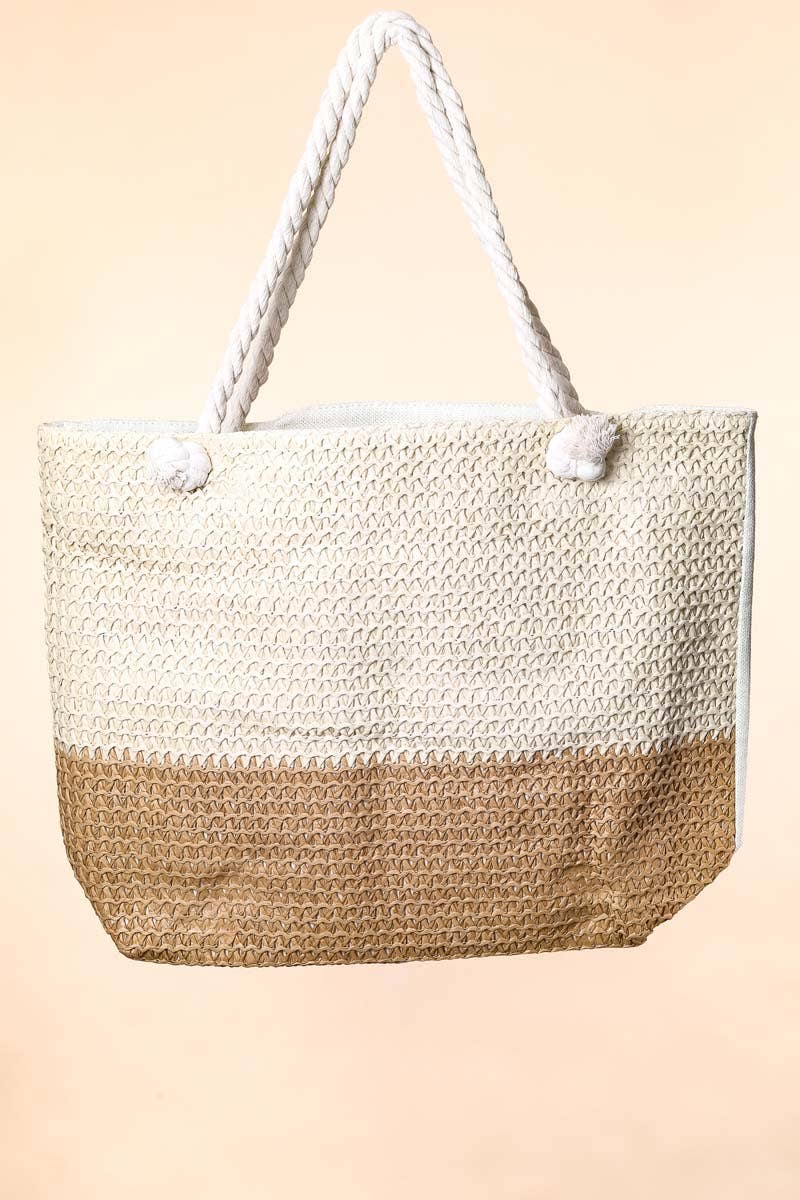 Two Tone Straw Braided Tote Bag