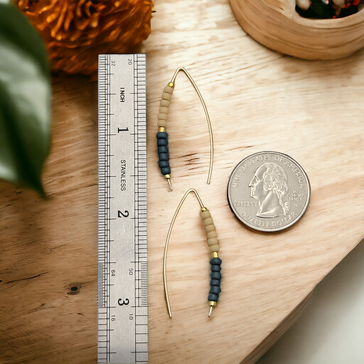 Gold Threader Earrings with Tan & Teal Beads