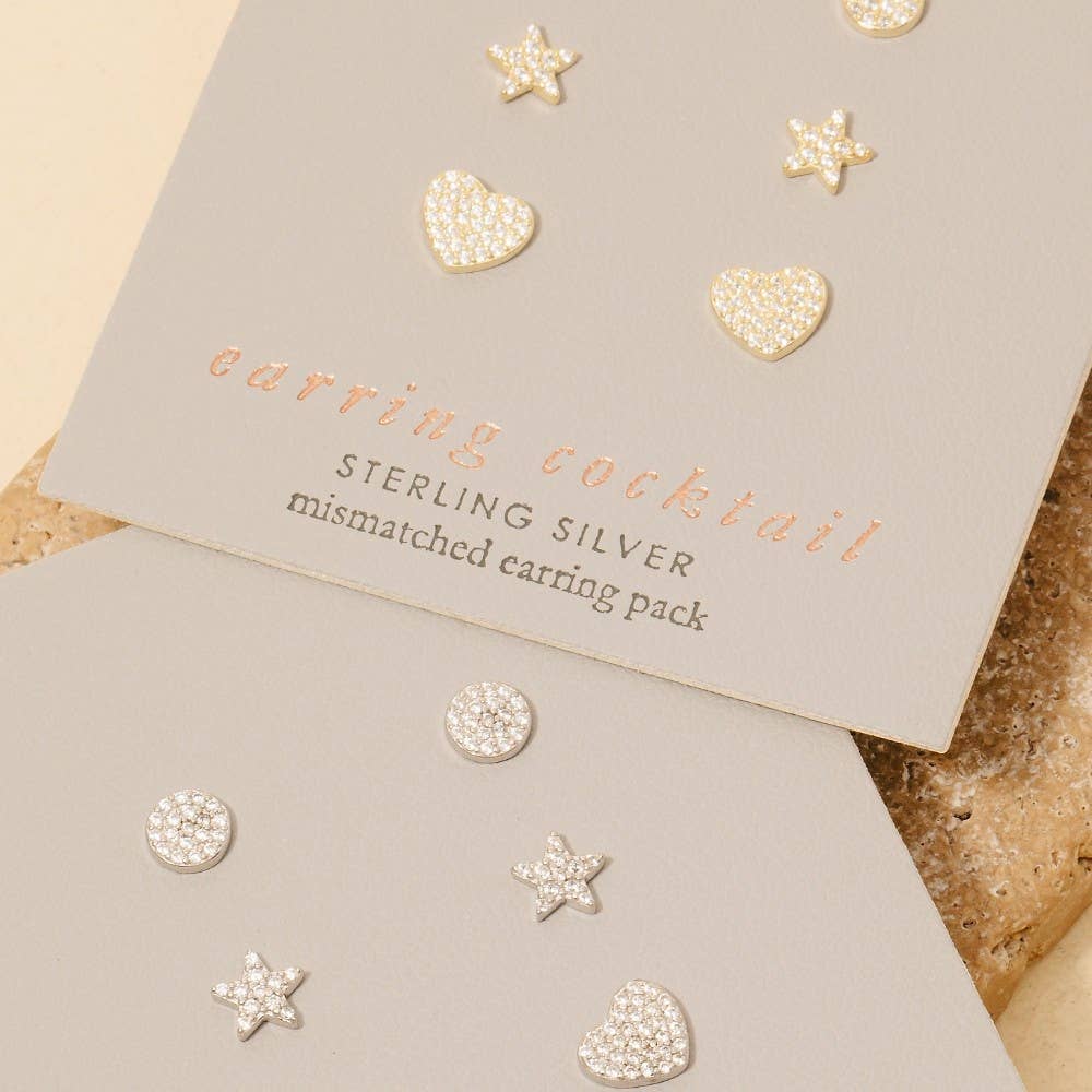 Sterling Silver Cz Pave Star Heart Disc Stud Earrings Set