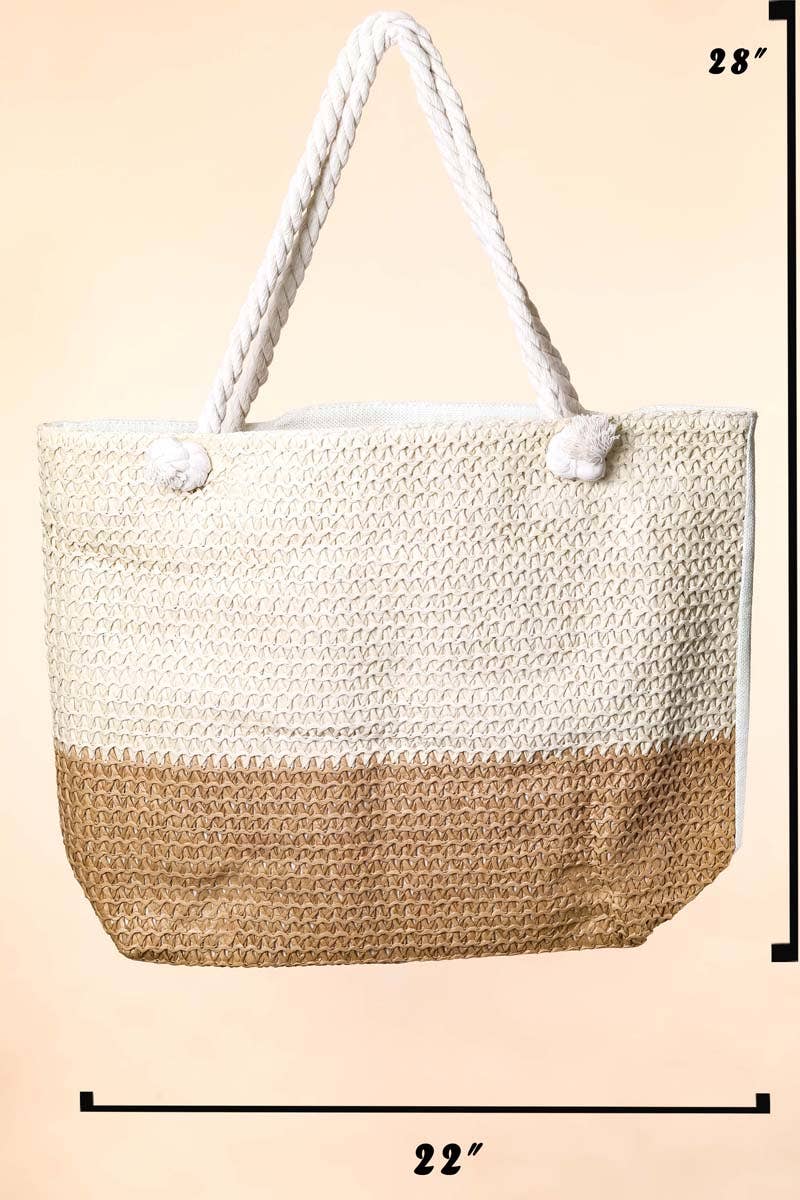 Two Tone Straw Braided Tote Bag