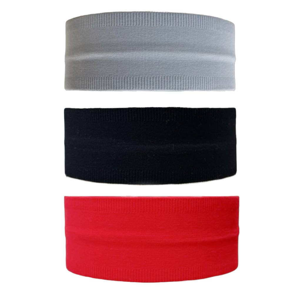 3 Pack of Wide Training Headbands - Red + Grey + Black