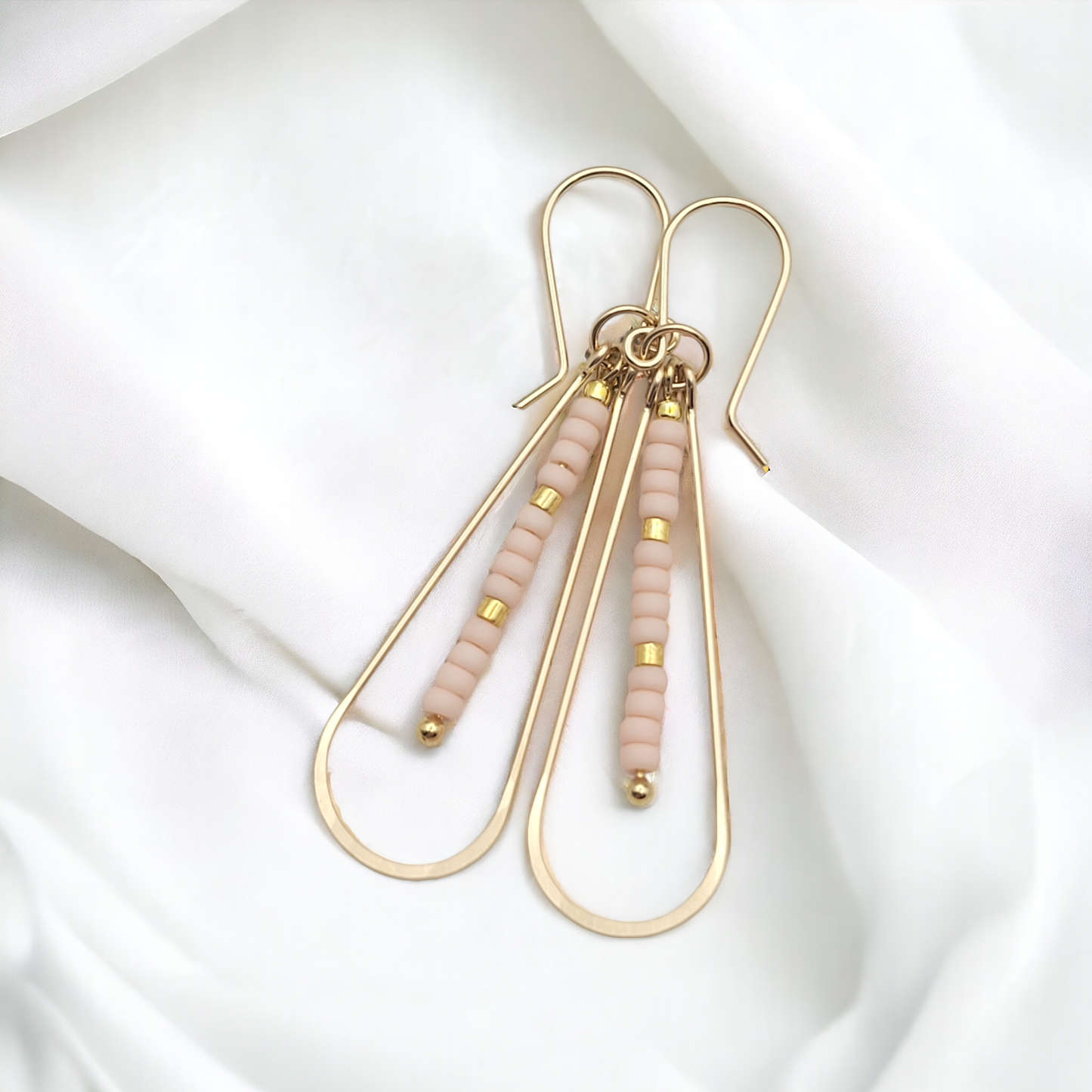 Long Gold Teardrop Hoop Earrings with Pale Pink Seed Beads