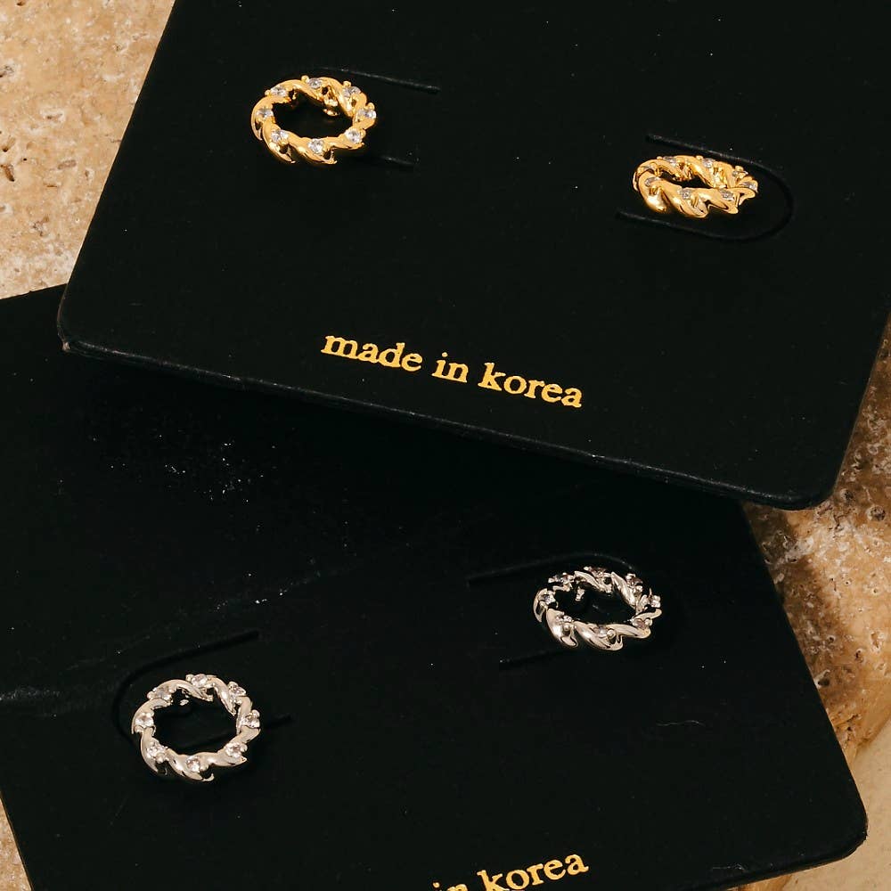 Cz Studded Mini Twisted Hoop Stud Earrings
