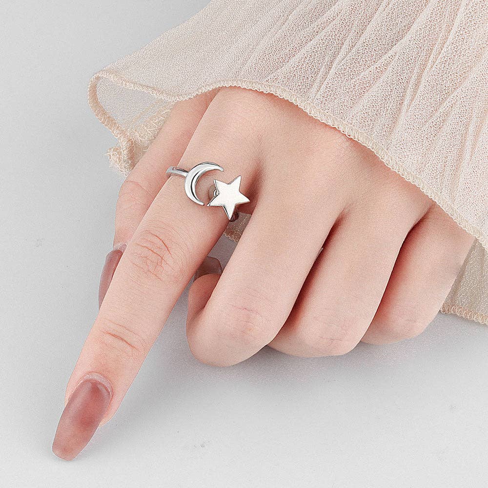 Moon Star Anxiety Fidget Spinner Ring in Solid Copper
