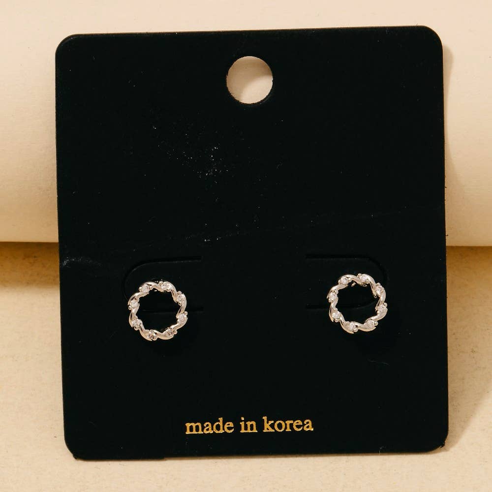 Cz Studded Mini Twisted Hoop Stud Earrings