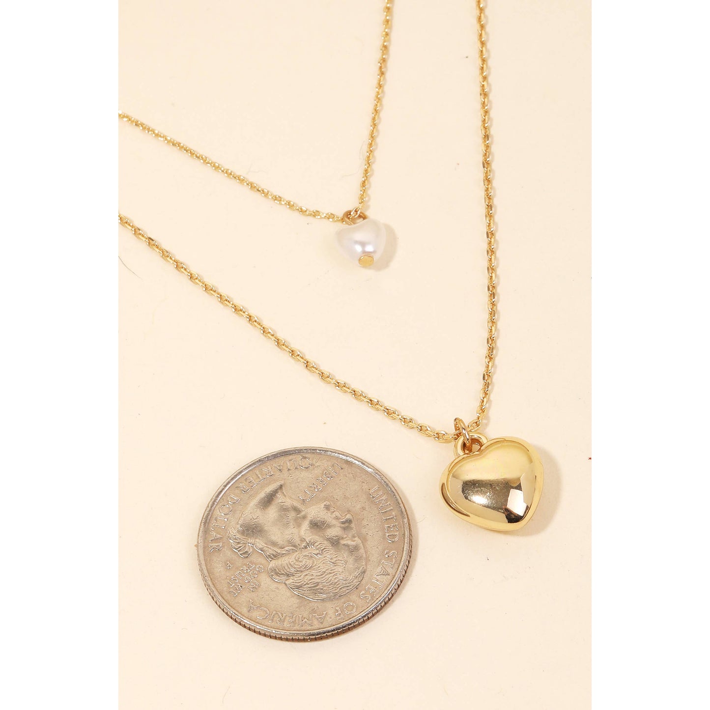 Metallic And Pearl Heart Charms Layered Necklace