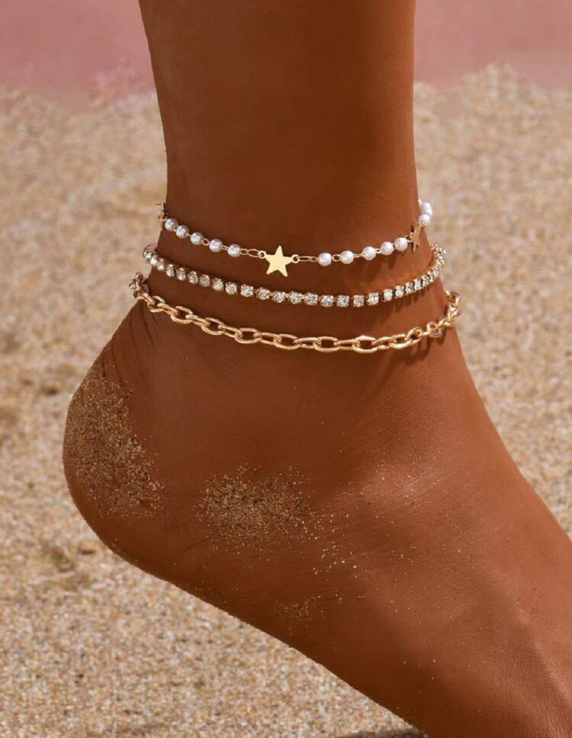 3pc Star, Rhinestone, and Chain Anklet Set