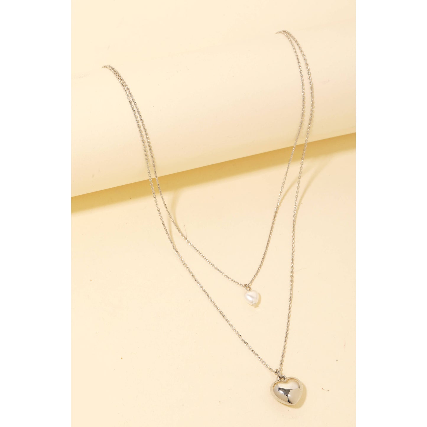 Metallic And Pearl Heart Charms Layered Necklace