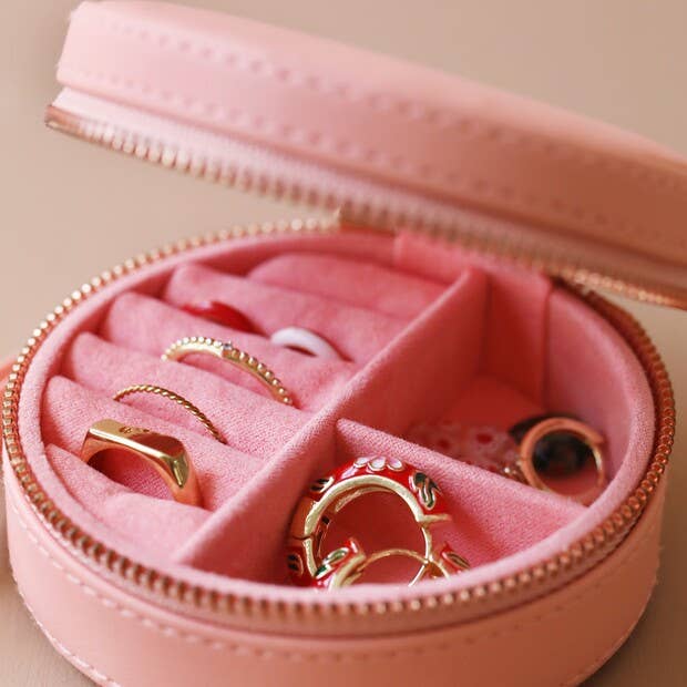 Peach Pink Round Pu Travel Jewellery Case