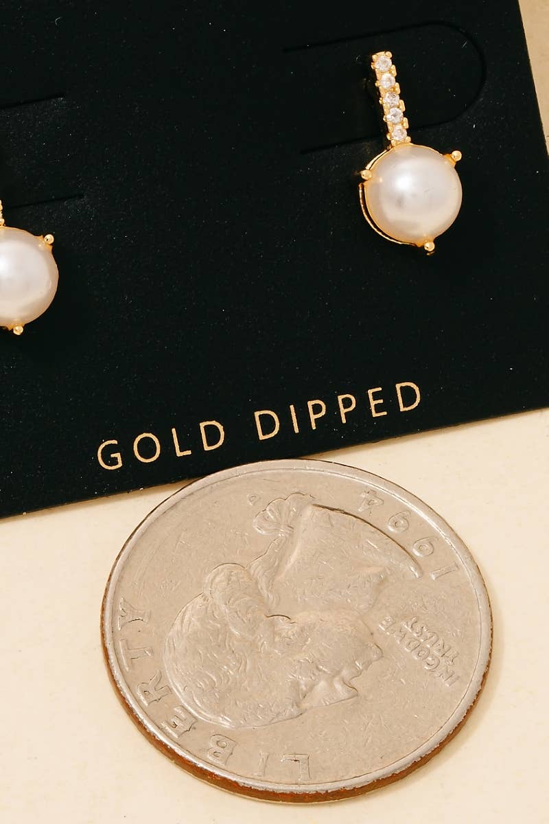 Gold Dipped Pearl And Cz Row Stud Earrings