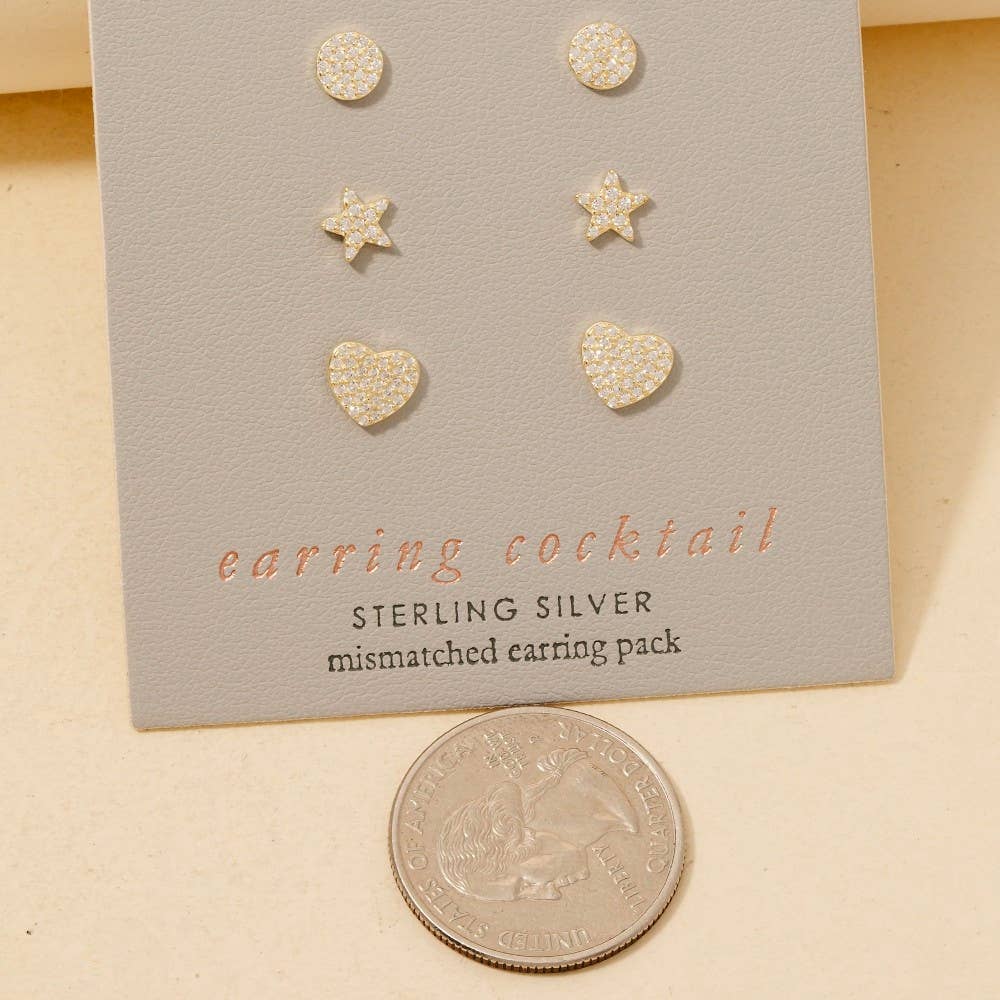 Sterling Silver Cz Pave Star Heart Disc Stud Earrings Set