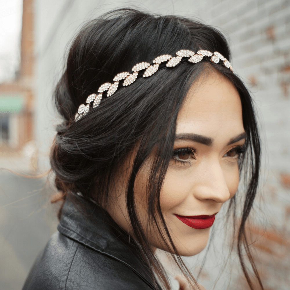 Adjustable Headband - Black Rhinestone Leaf
