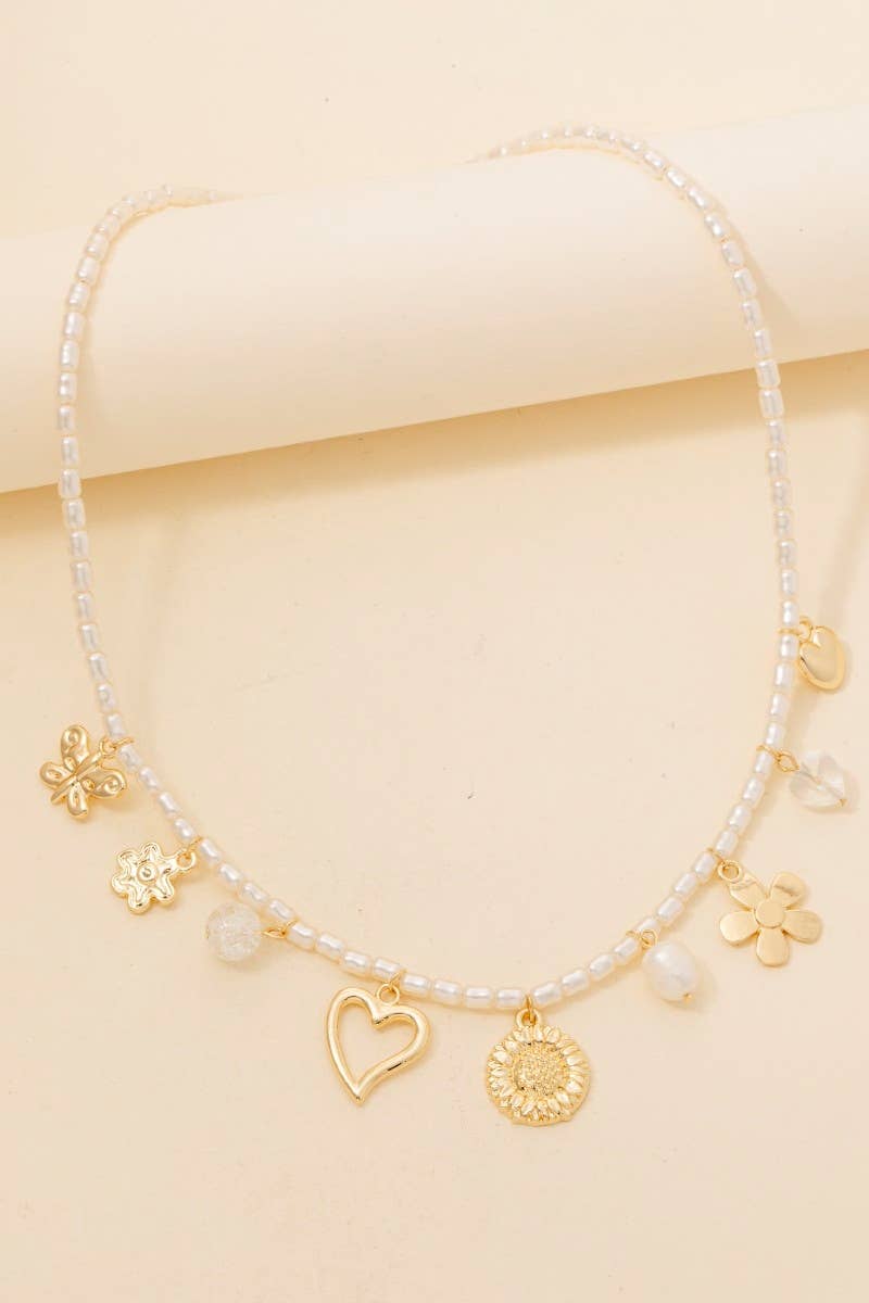 Heart Flower And Butterfly Charms Pearl Beaded Necklace