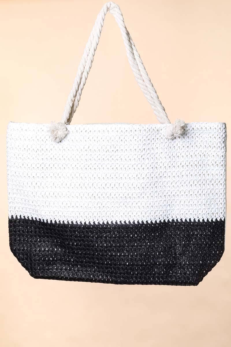 Two Tone Straw Braided Tote Bag