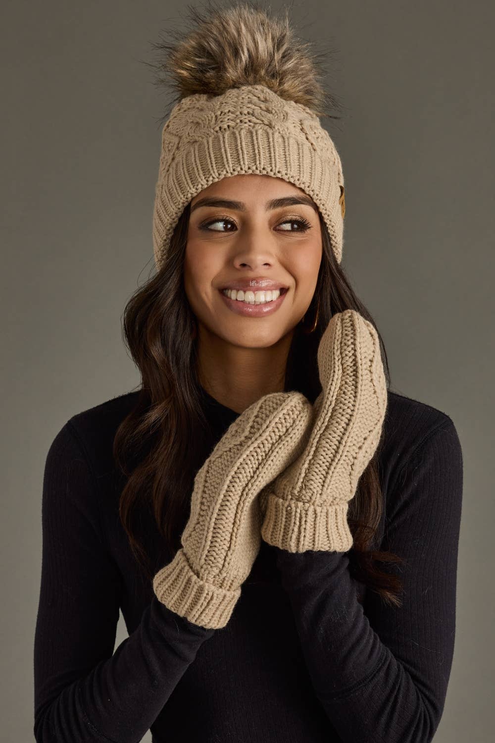 Taupe Cable Knit Mittens