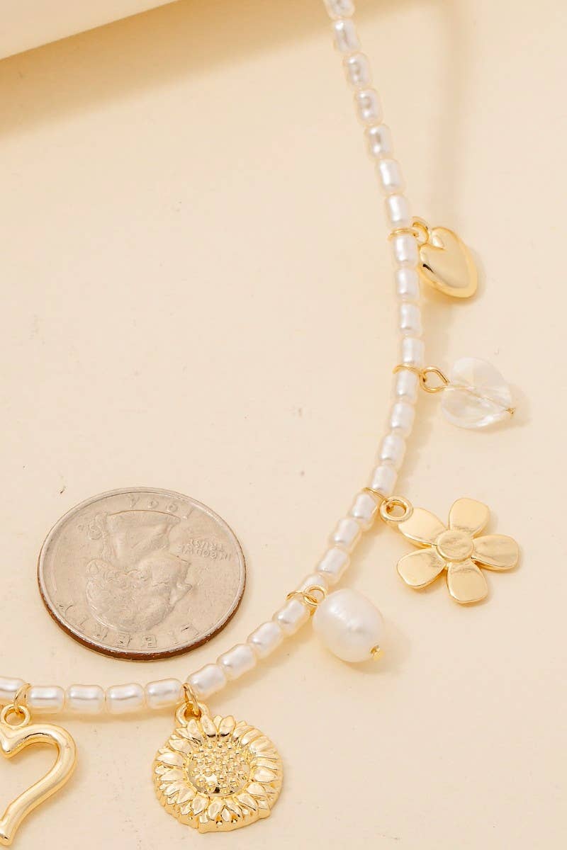 Heart Flower And Butterfly Charms Pearl Beaded Necklace
