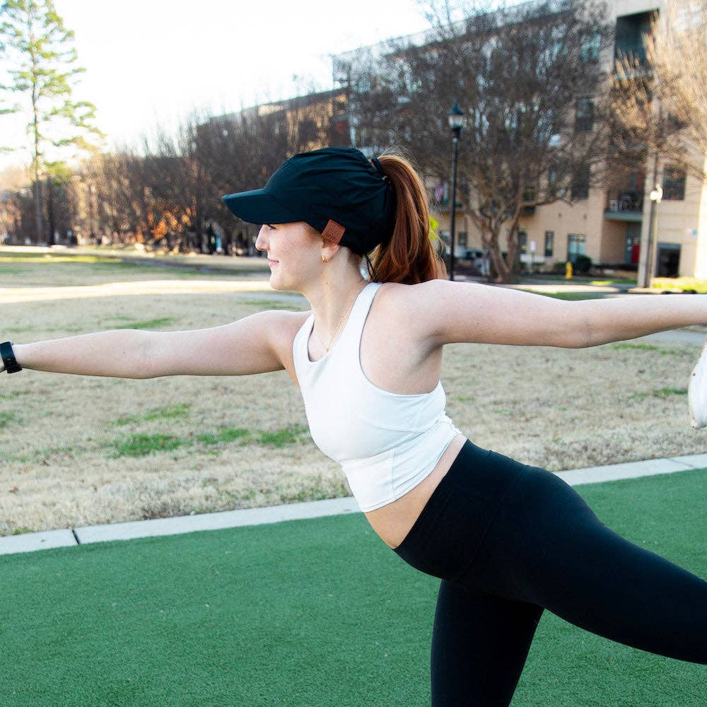 Adjustable High Ponytail Running Hat - Black