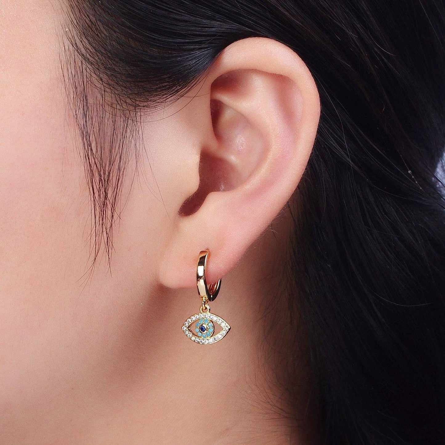 Evil Eye Charm Hoop Earrings 16K Gold Filled Y066