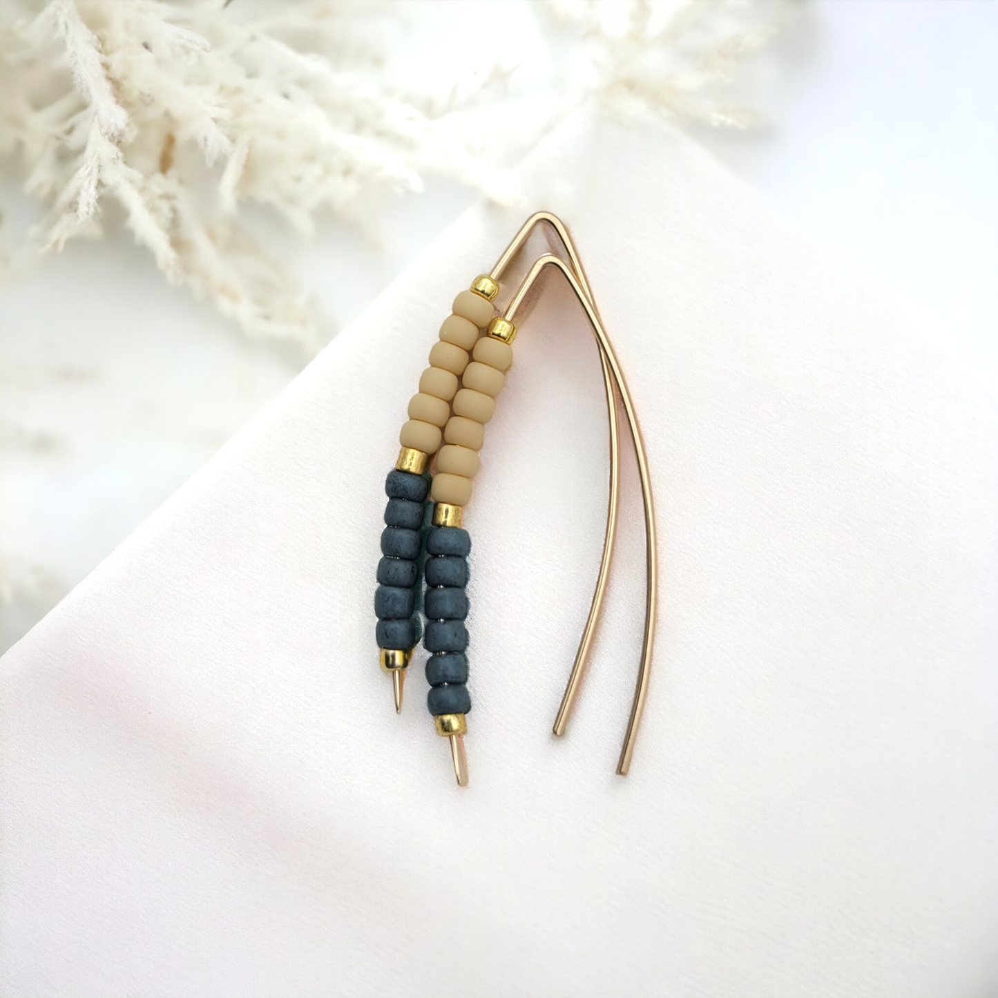 Gold Threader Earrings with Tan & Teal Beads