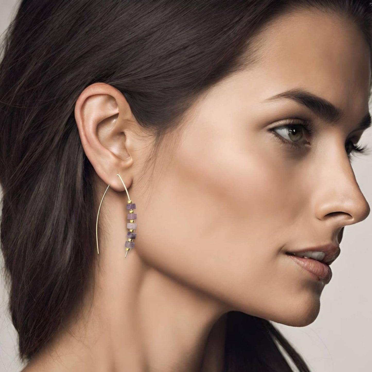 Gold Wishbone Threader Earrings with Amethyst