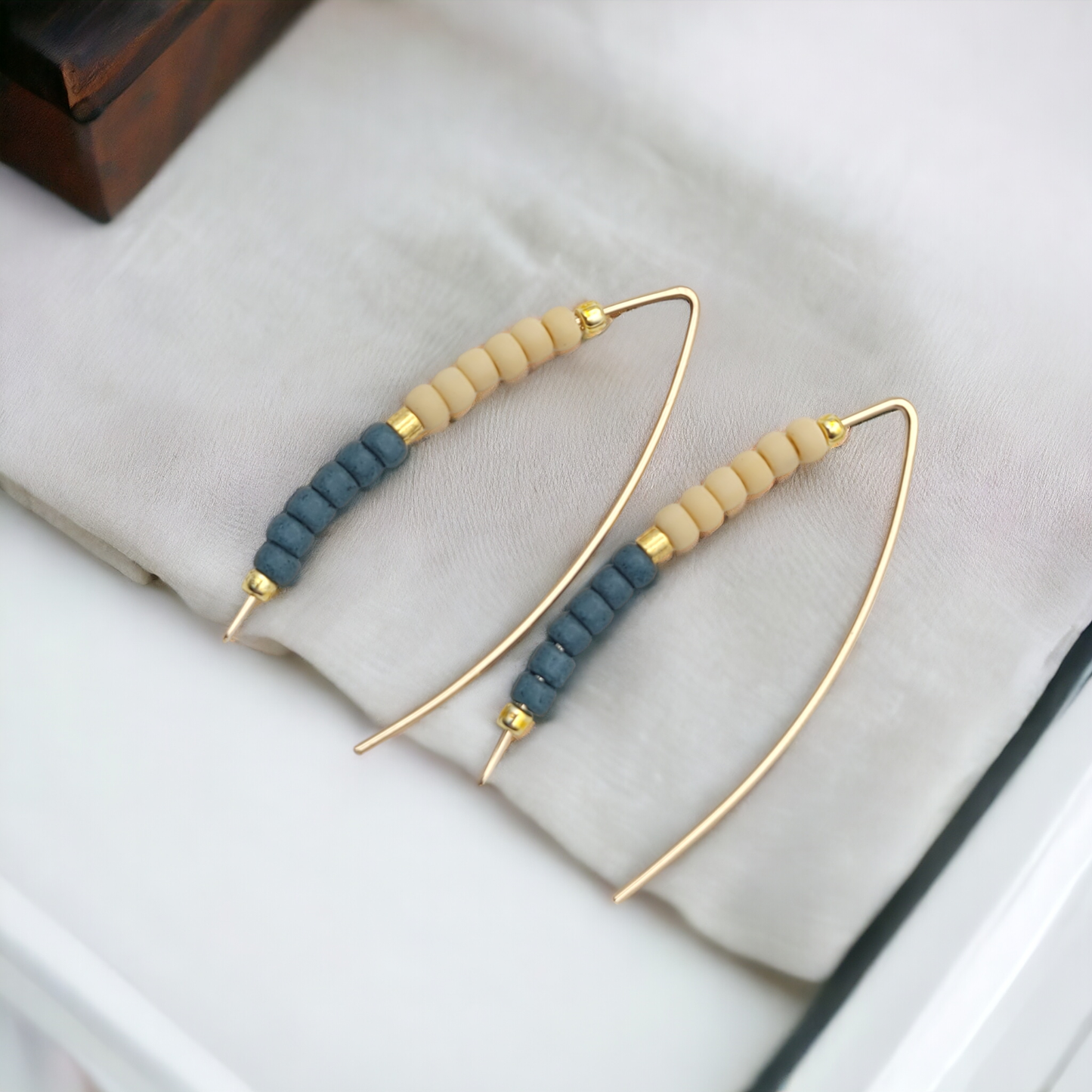 Gold Threader Earrings with Tan & Teal Beads