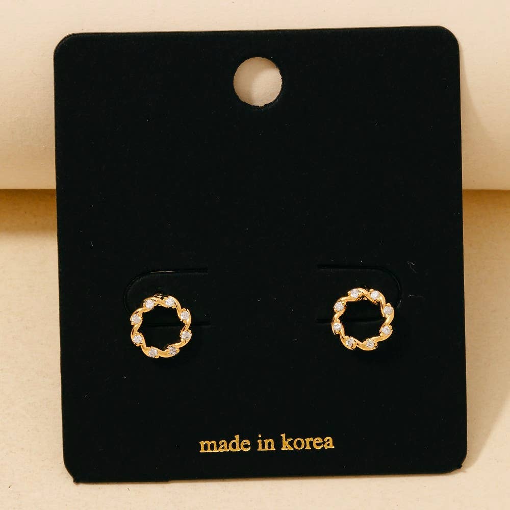 Cz Studded Mini Twisted Hoop Stud Earrings