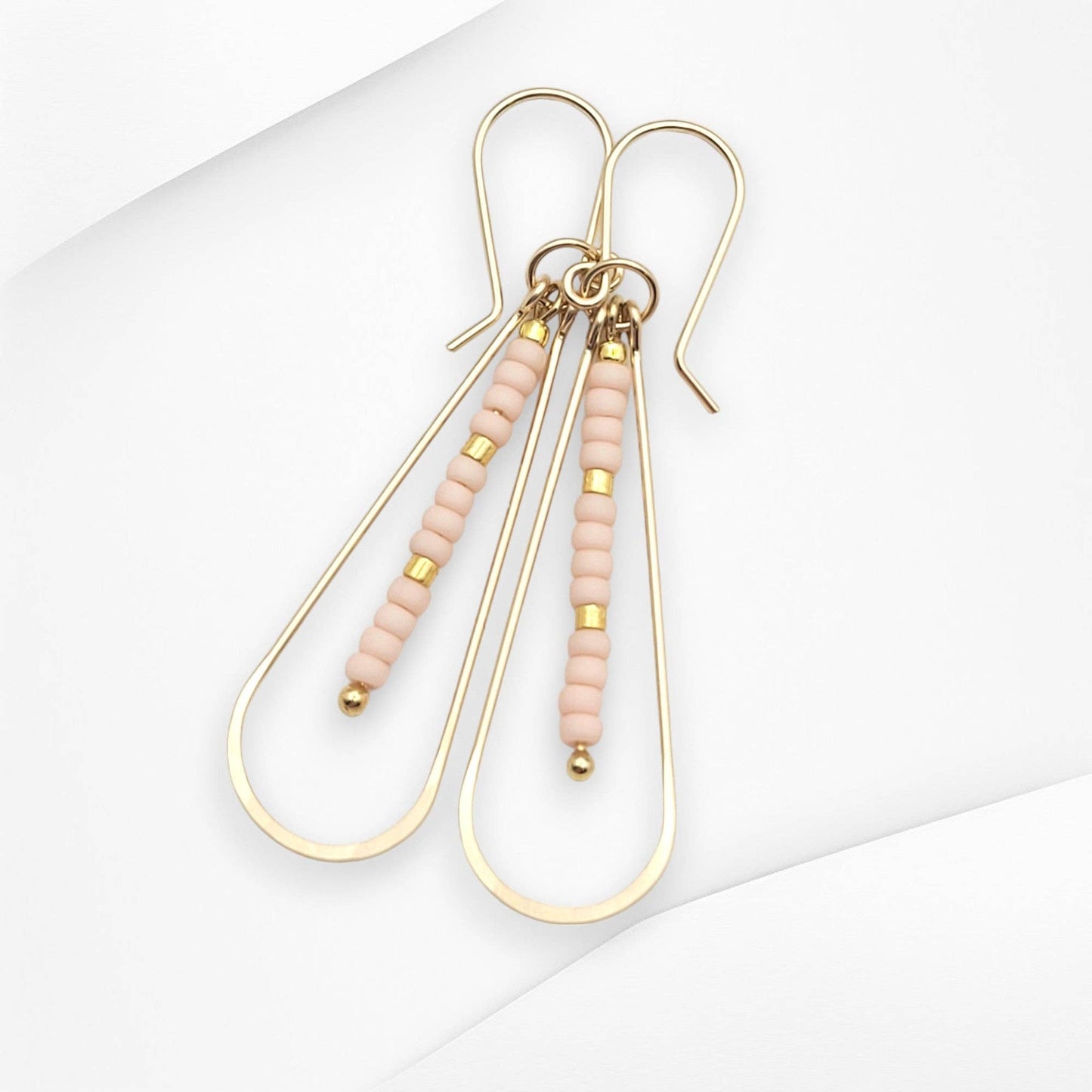 Long Gold Teardrop Hoop Earrings with Pale Pink Seed Beads