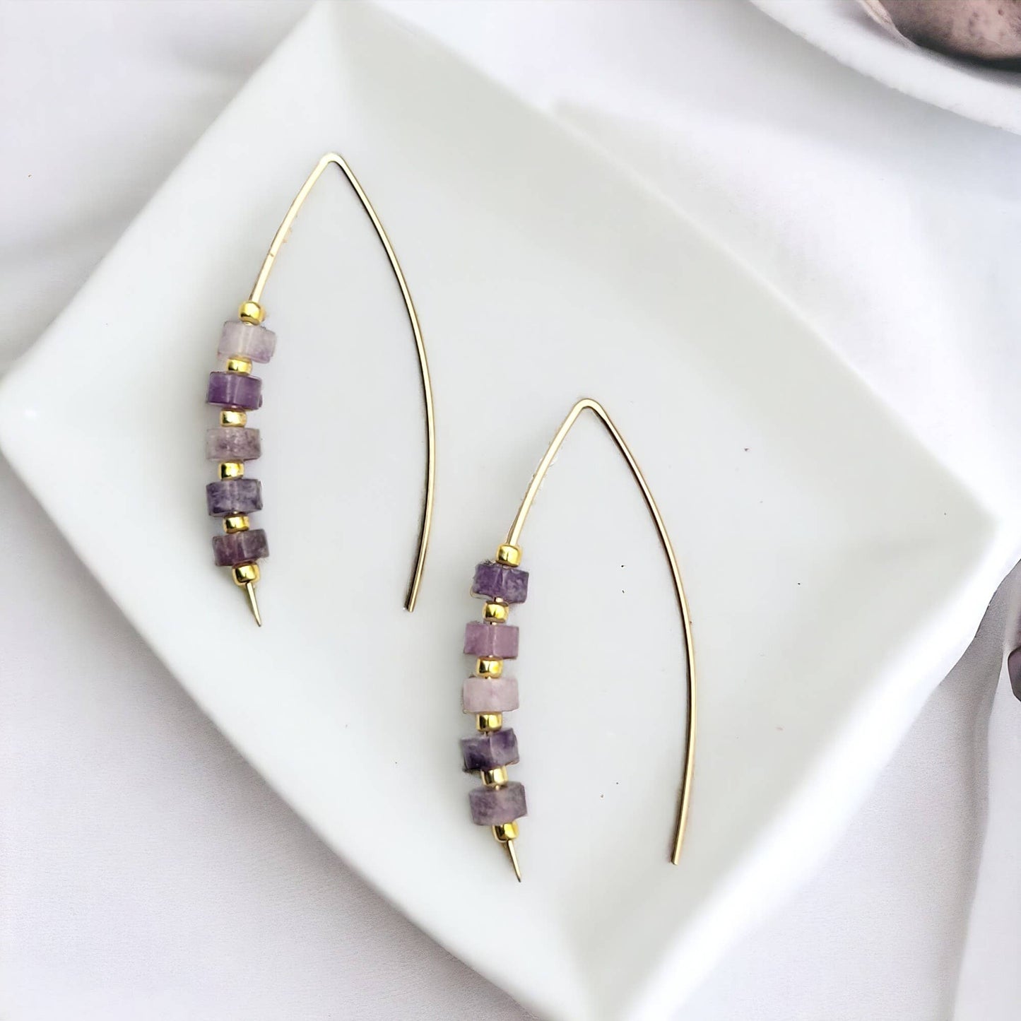 Gold Wishbone Threader Earrings with Amethyst