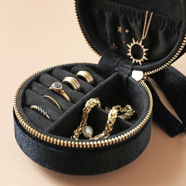 Starry Night Velvet Mini Round Jewellery Case in Black