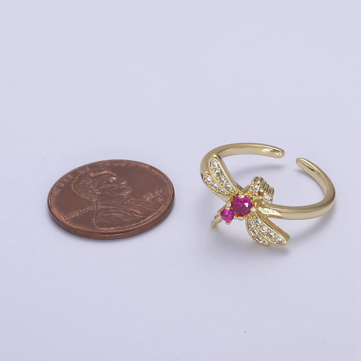 Elegant Fuchsia CZ Stone Dragonfly Gold Minimalist Ring