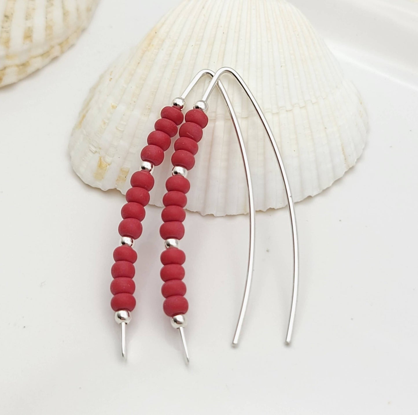 Red & Silver Beaded Silver Threader Earrings