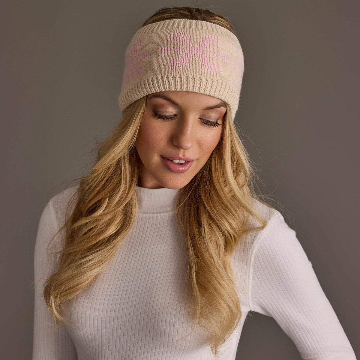 Beige & Lt. Pink Snowflake Knit Headband
