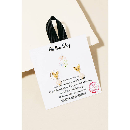 Gold Dipped Pearl Charm Butterfly Stud Earrings