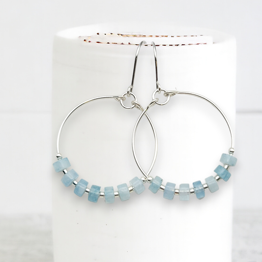 Silver Hoop Earrings with Aquamarine Gemstones