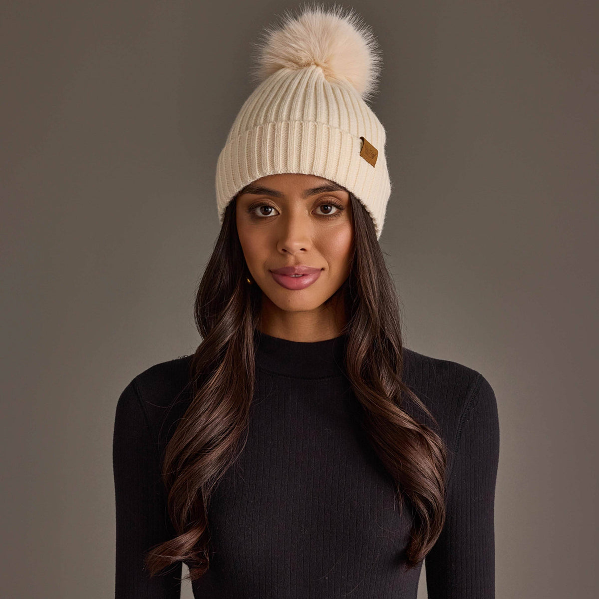Cream Knit Hat with Cream Pom