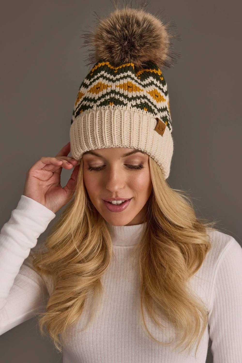 Cream, Olive & Mustard Patterned Pom Hat